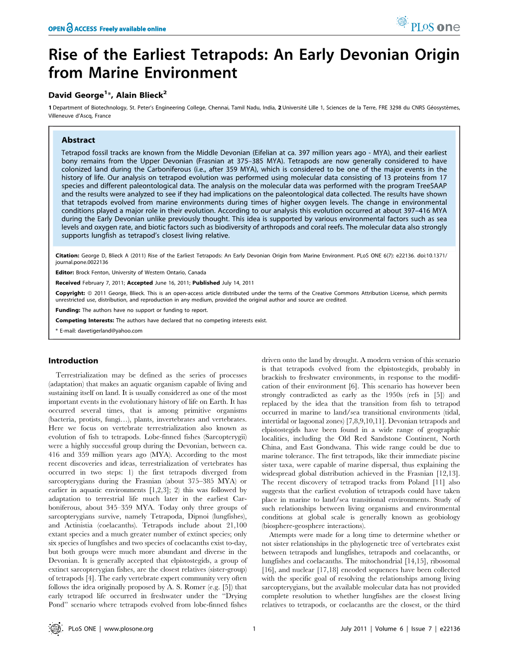 Rise of the Earliest Tetrapods: an Early Devonian Origin from Marine Environment