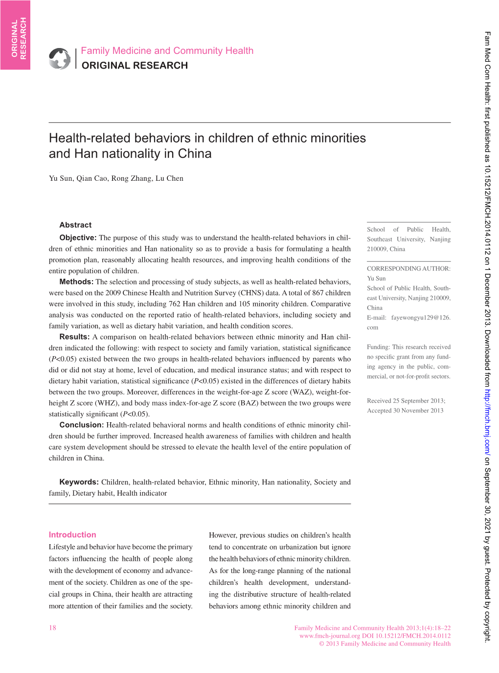 Health-Related Behaviors in Children of Ethnic Minorities and Han Nationality in China