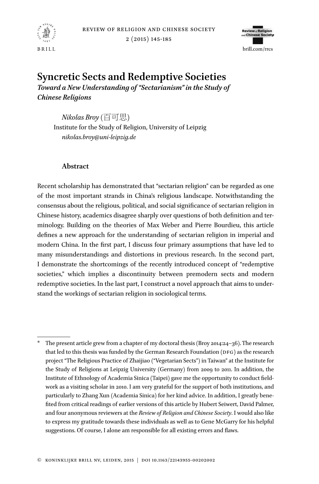 Syncretic Sects and Redemptive Societies Toward a New Understanding of “Sectarianism” in the Study of Chinese Religions