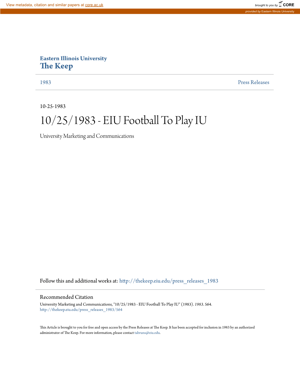 10/25/1983 - EIU Football to Play IU University Marketing and Communications