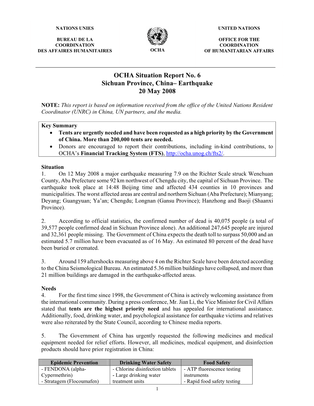 OCHA Situation Report No. 6 Sichuan Province, China– Earthquake 20 May 2008