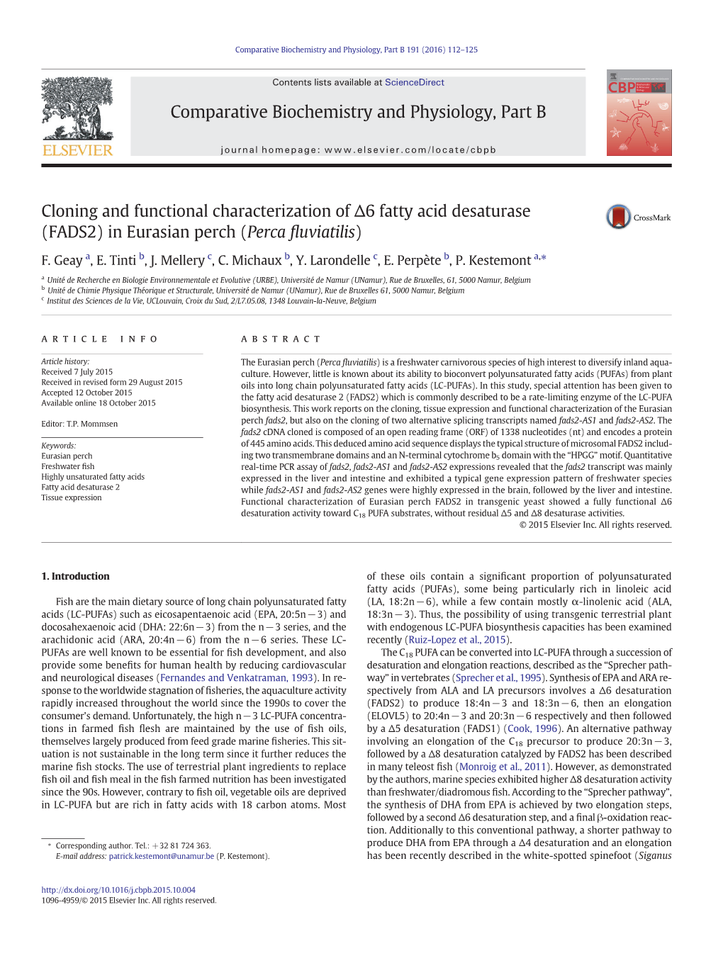 Cloning and Functional Characterization of Δ6 Fatty Acid Desaturase (FADS2) in Eurasian Perch (Perca Fluviatilis)