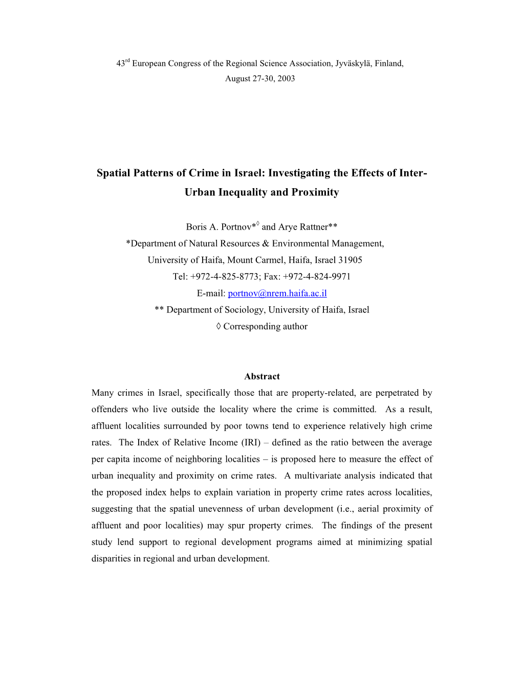 Spatial Patterns of Crime in Israel: Investigating the Effects of Inter- Urban Inequality and Proximity