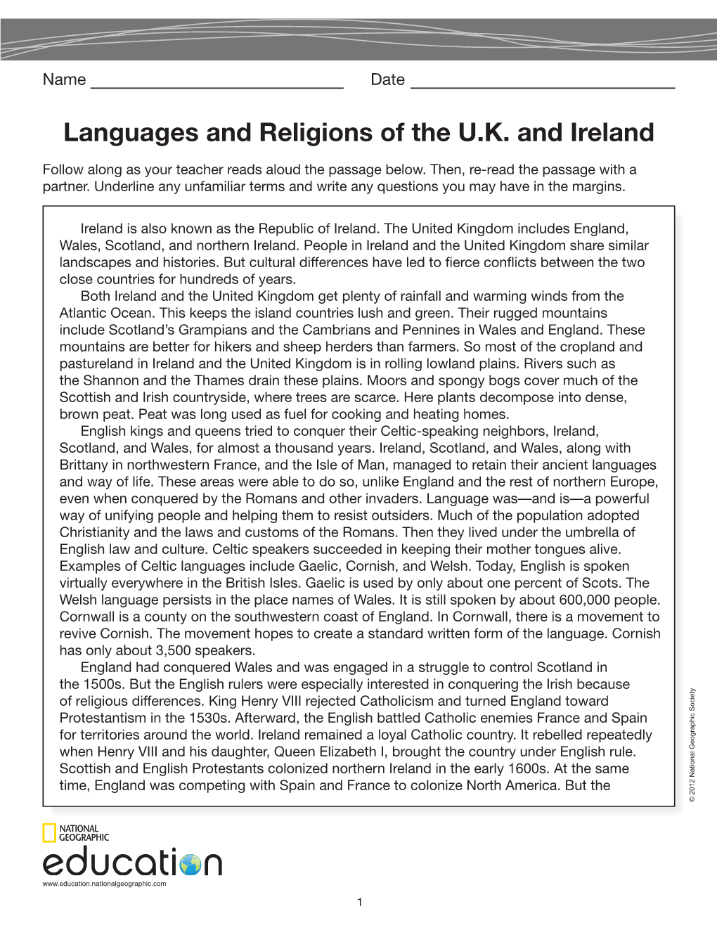 Languages and Religions of the U.K. and Ireland