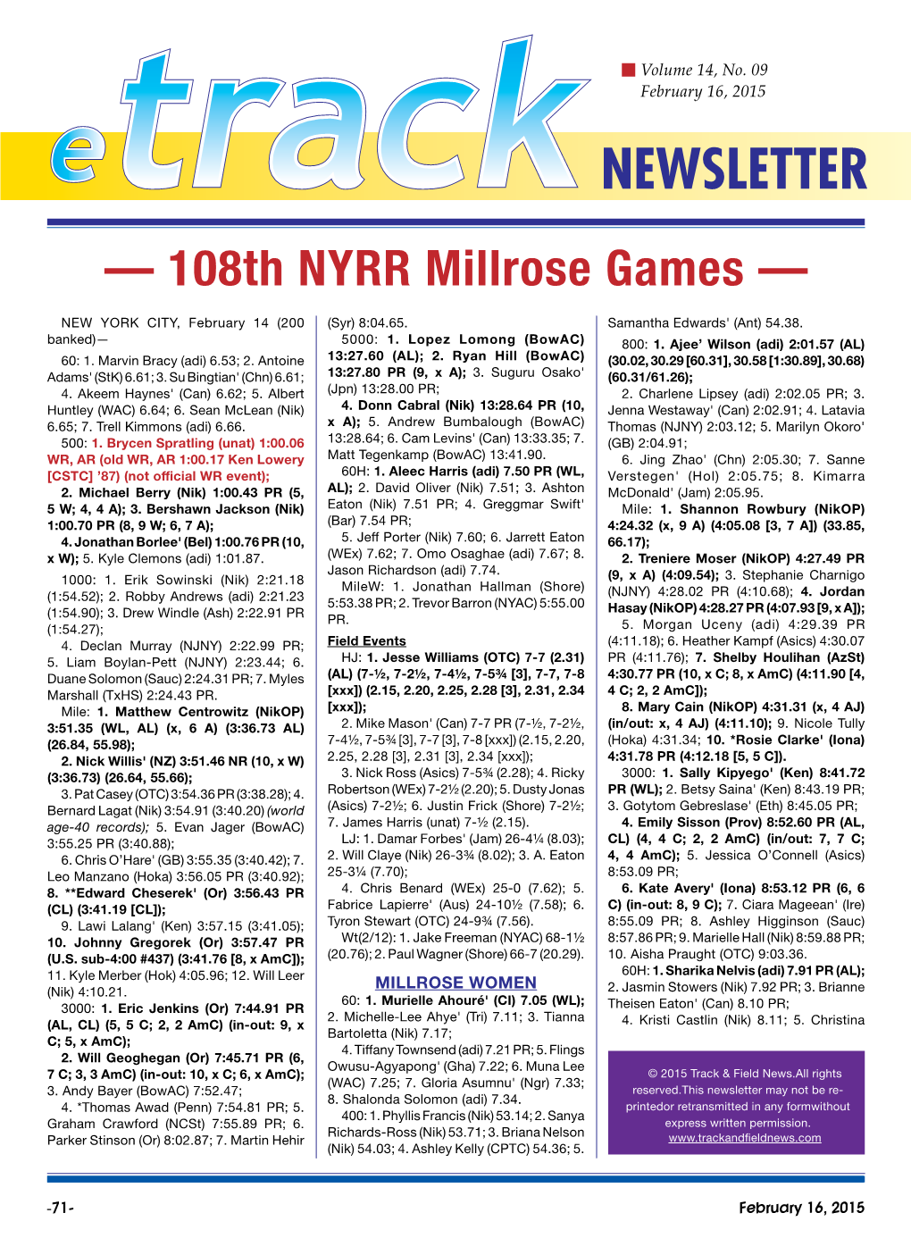 — 108Th NYRR Millrose Games —