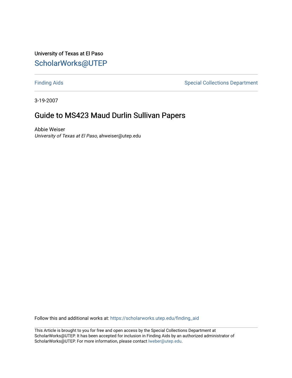 Guide to MS423 Maud Durlin Sullivan Papers