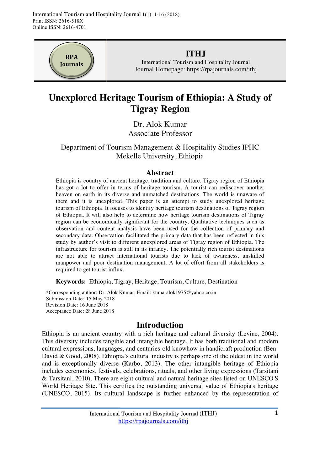 Unexplored Heritage Tourism of Ethiopia: a Study of Tigray Region