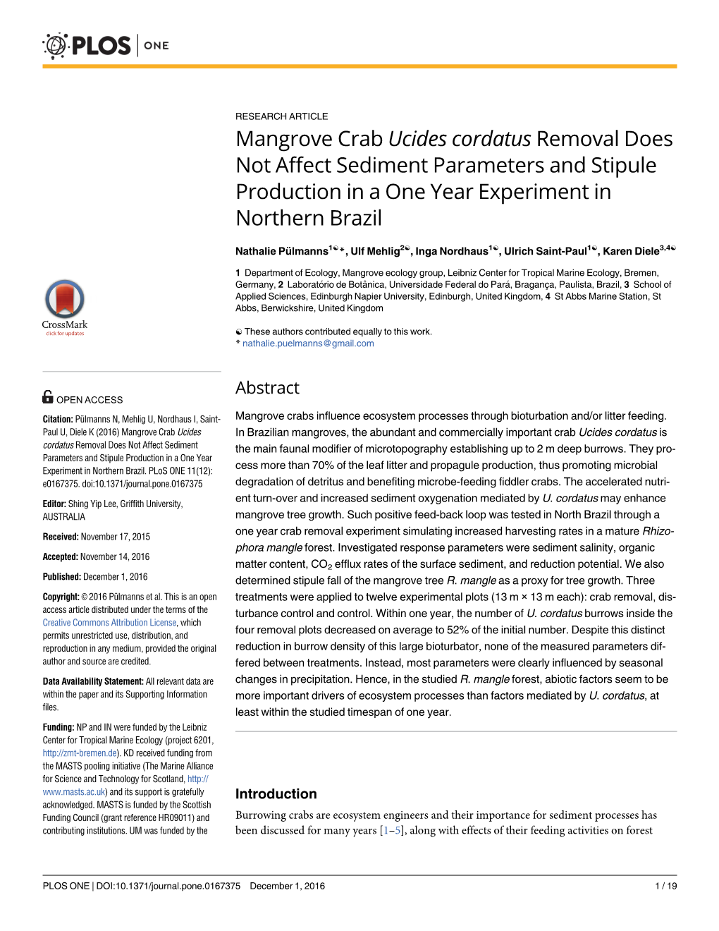 Mangrove Crab Ucides Cordatus Removal Does Not Affect Sediment Parameters and Stipule Production in a One Year Experiment in Northern Brazil