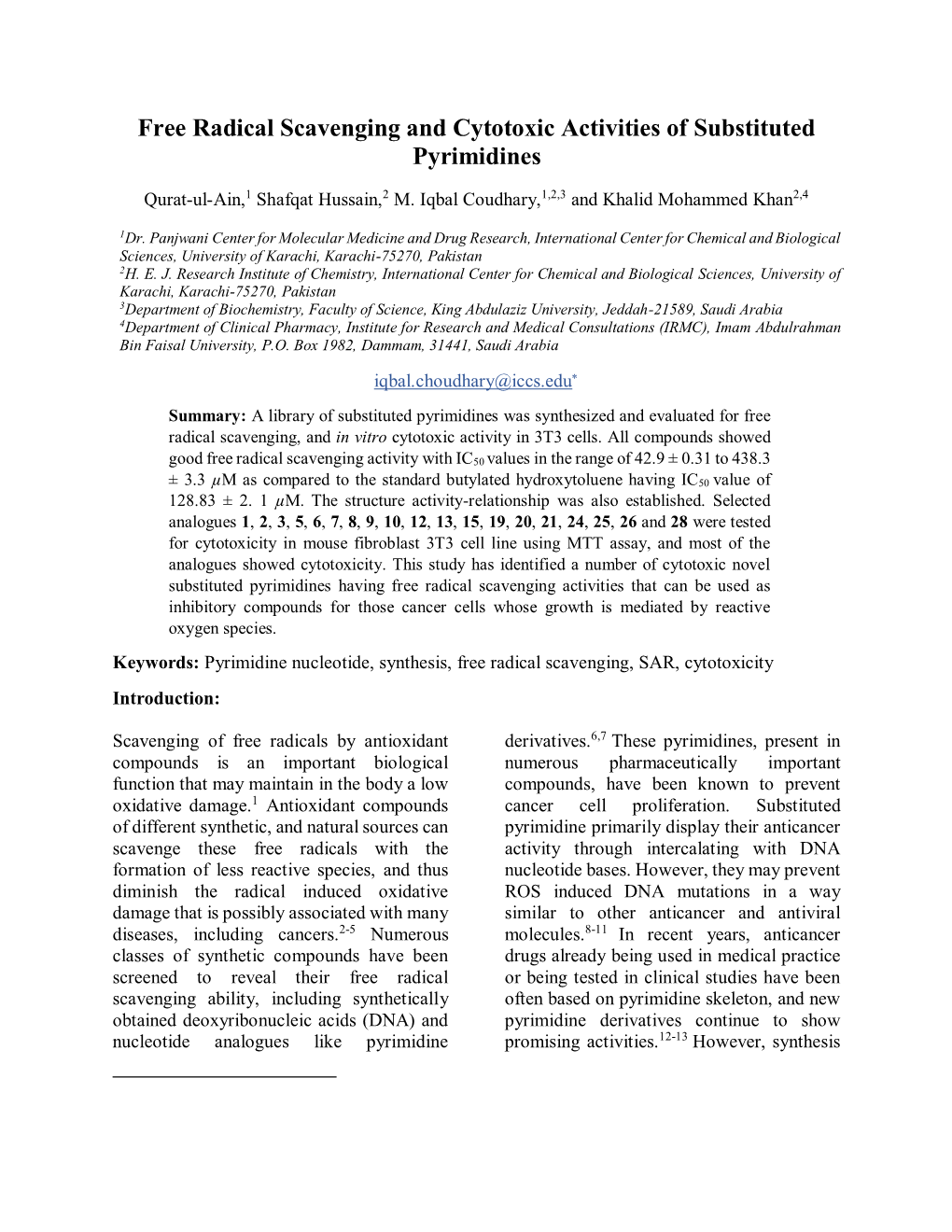 Free Radical Scavenging and Cytotoxic Activities of Substituted Pyrimidines