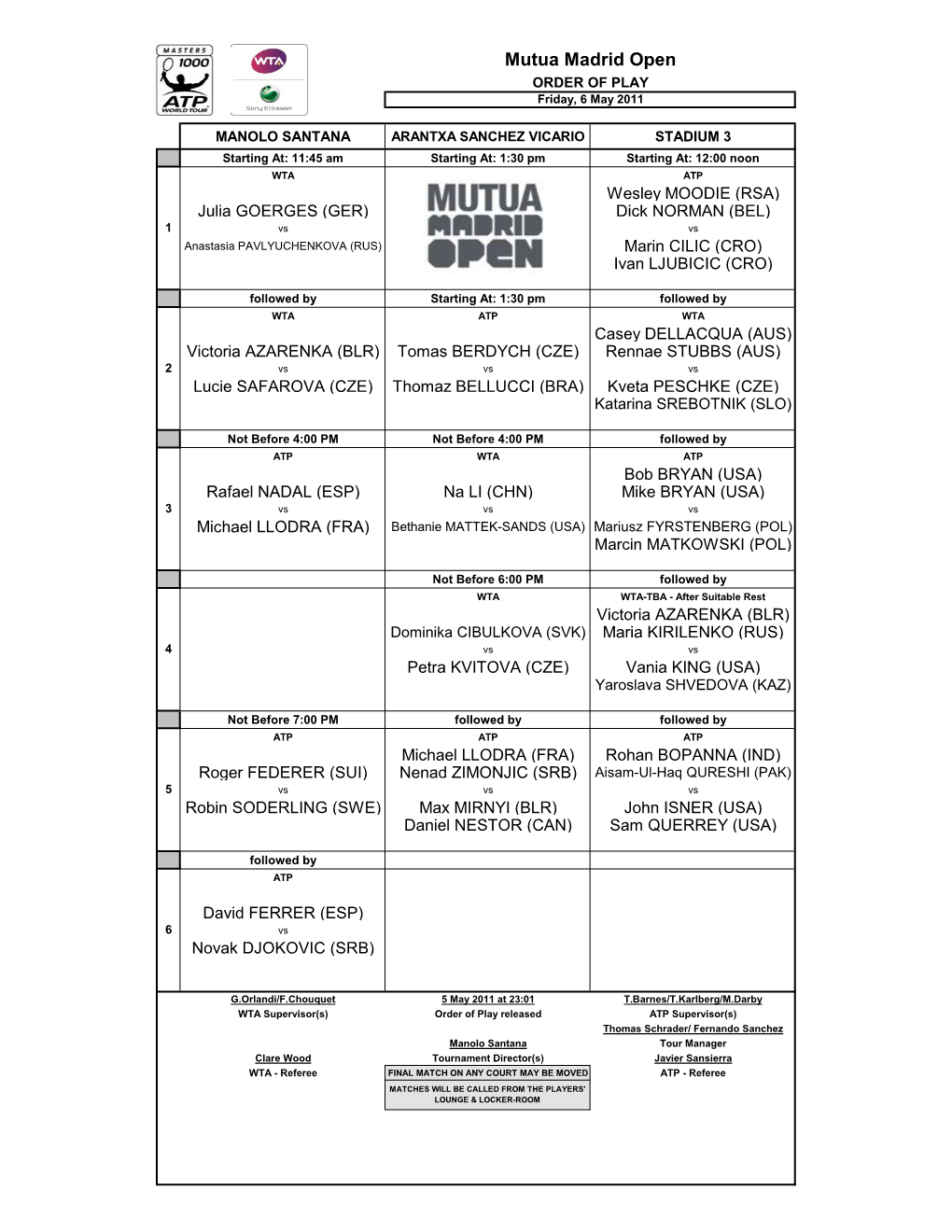 Mutua Madrid Open ORDER of PLAY Friday, 6 May 2011