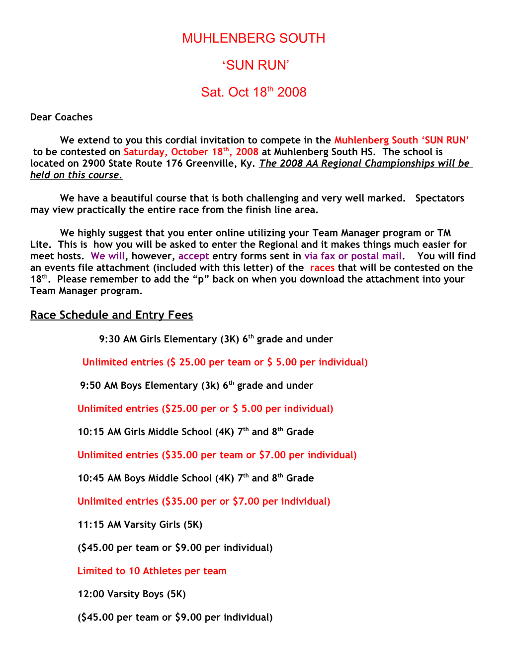 Race Schedule and Entry Fees