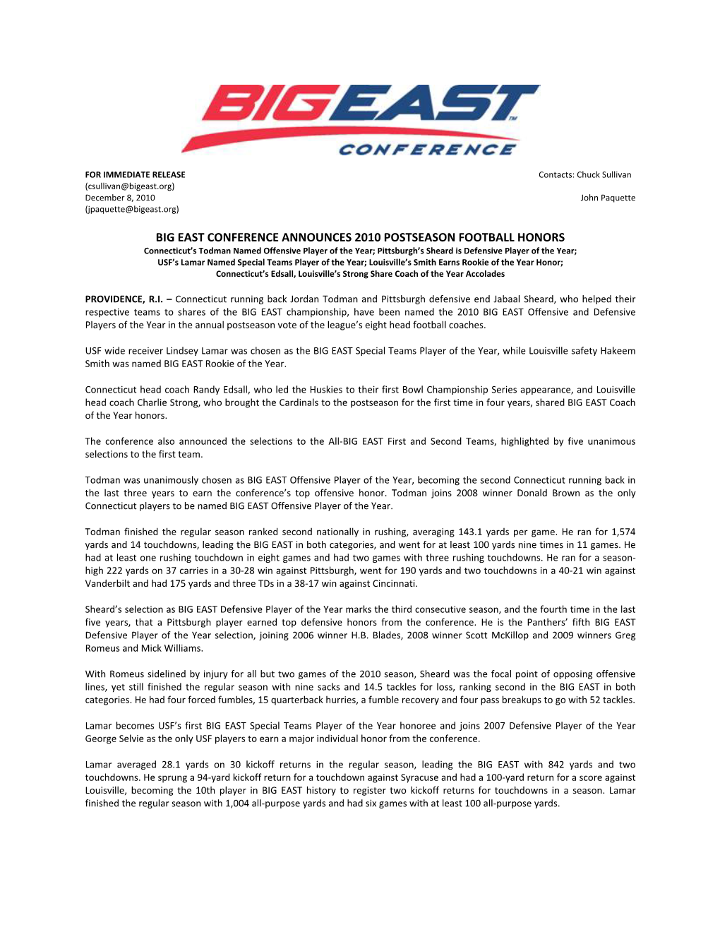 Big East Conference Announces 2010 Postseason