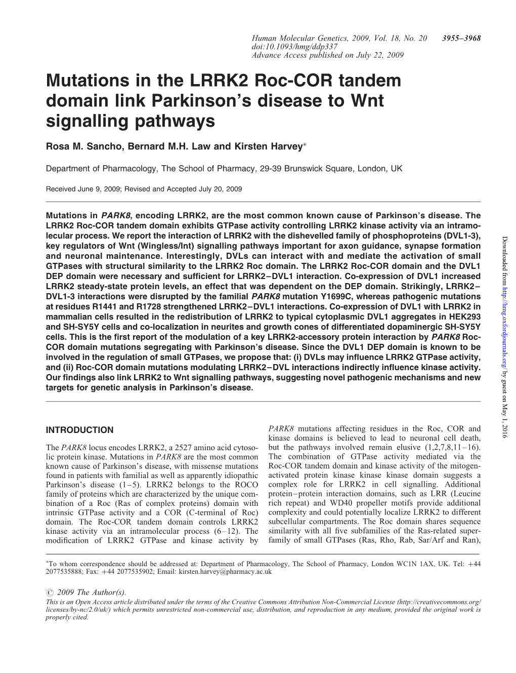 Mutations in the LRRK2 Roc-COR Tandem Domain Link Parkinson's