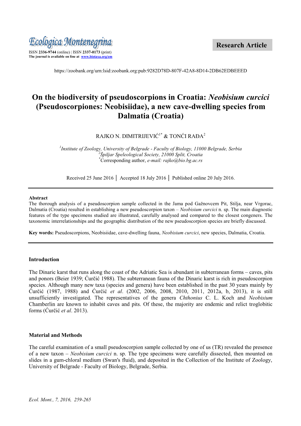 Neobisium Curcici (Pseudoscorpiones: Neobisiidae), a New Cave-Dwelling Species from Dalmatia (Croatia)