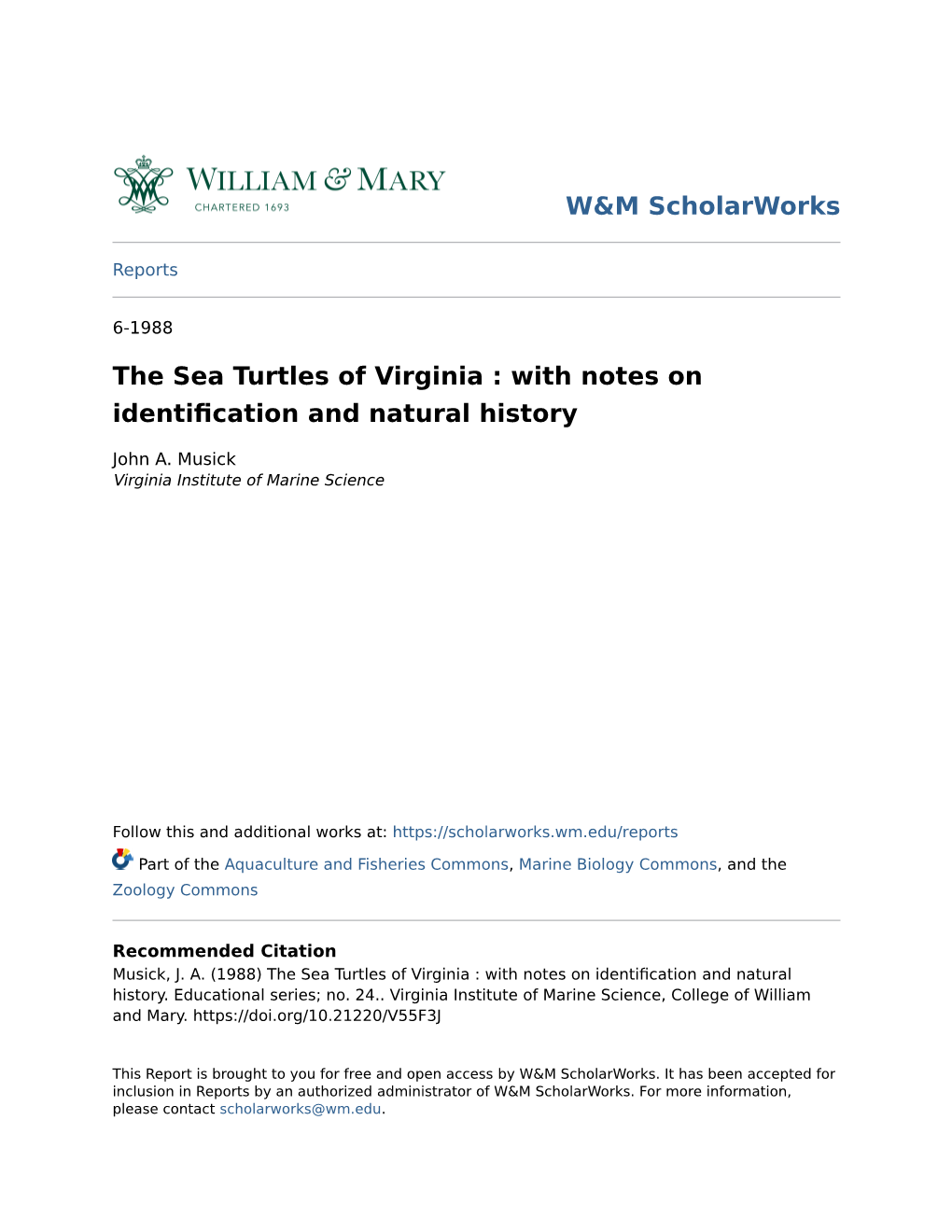 The Sea Turtles of Virginia : with Notes on Identification and Natural History