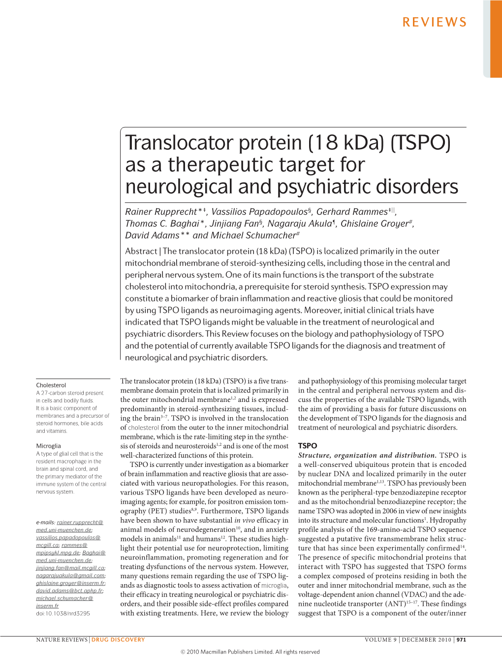 (18 Kda) (TSPO) As a Therapeutic Target for Neurological and Psychiatric Disorders