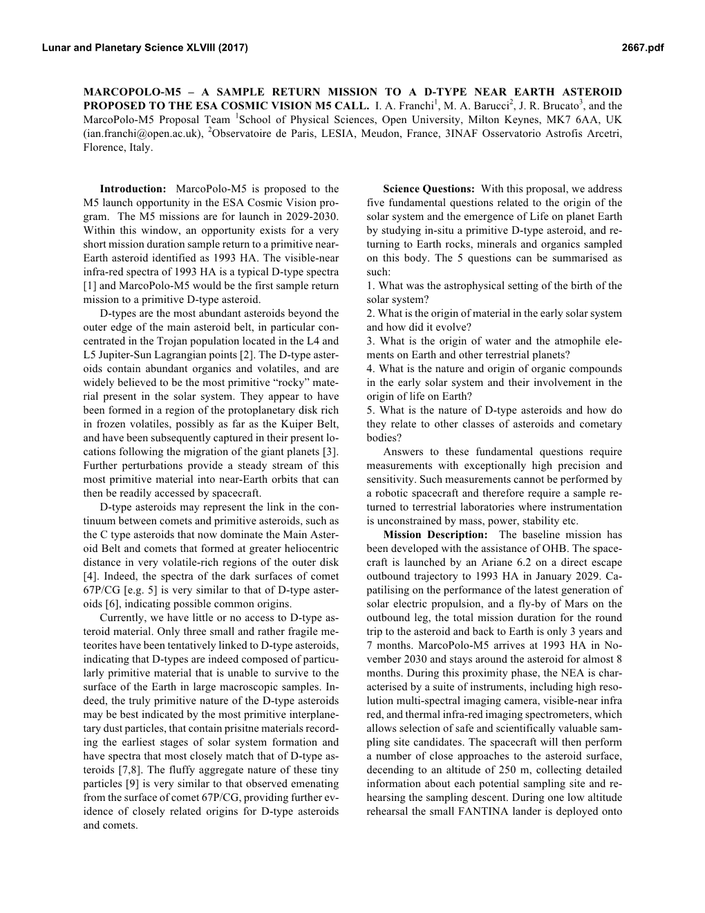 Marcopolo-M5 – a Sample Return Mission to a D-Type Near Earth Asteroid Proposed to the Esa Cosmic Vision M5 Call