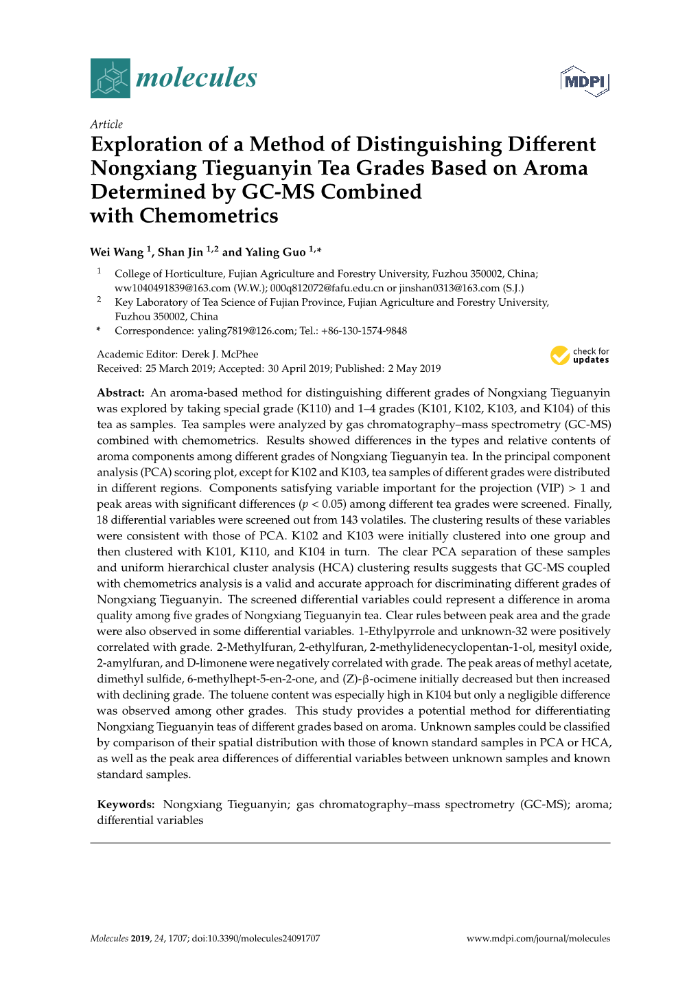 Exploration of a Method of Distinguishing Different Nongxiang Tieguanyin Tea Grades Based on Aroma Determined by GC-MS Combined with Chemometrics