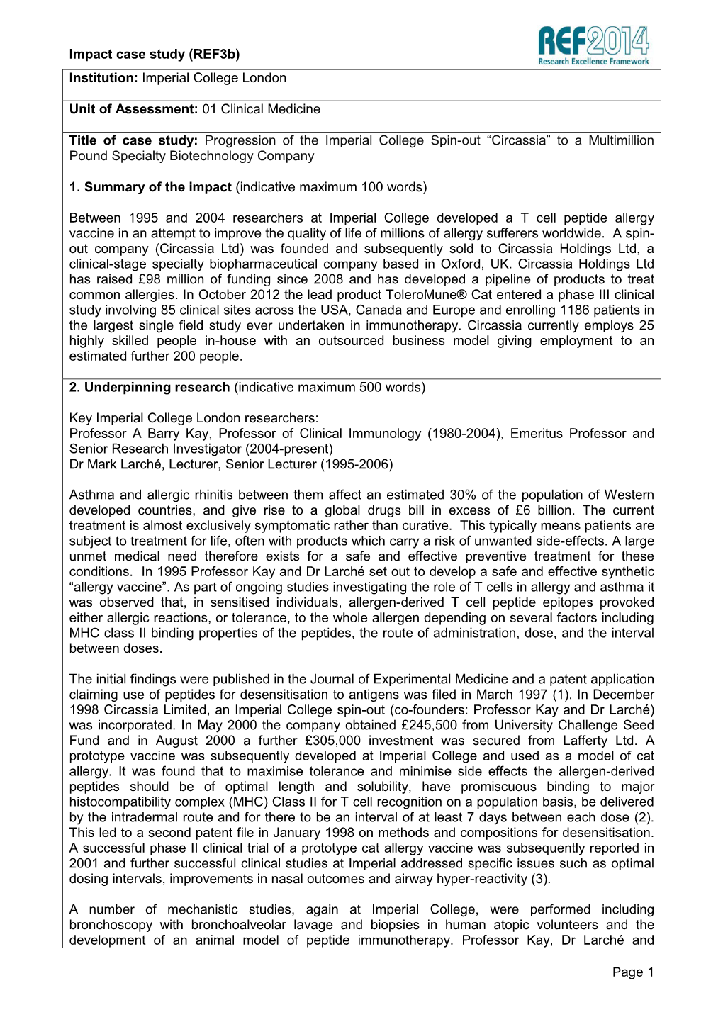 Impact Case Study (Ref3b) Page 1 Institution