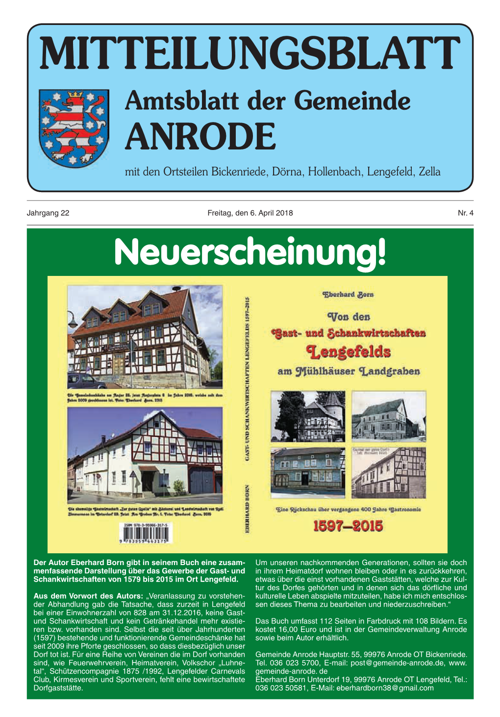 Amtsblatt Der Gemeinde ANRODE Mit Den Ortsteilen Bickenriede, Dörna, Hollenbach, Lengefeld, Zella