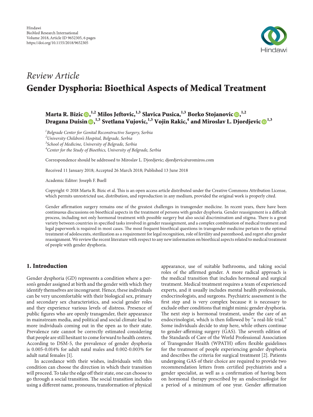 Review Article Gender Dysphoria: Bioethical Aspects of Medical Treatment