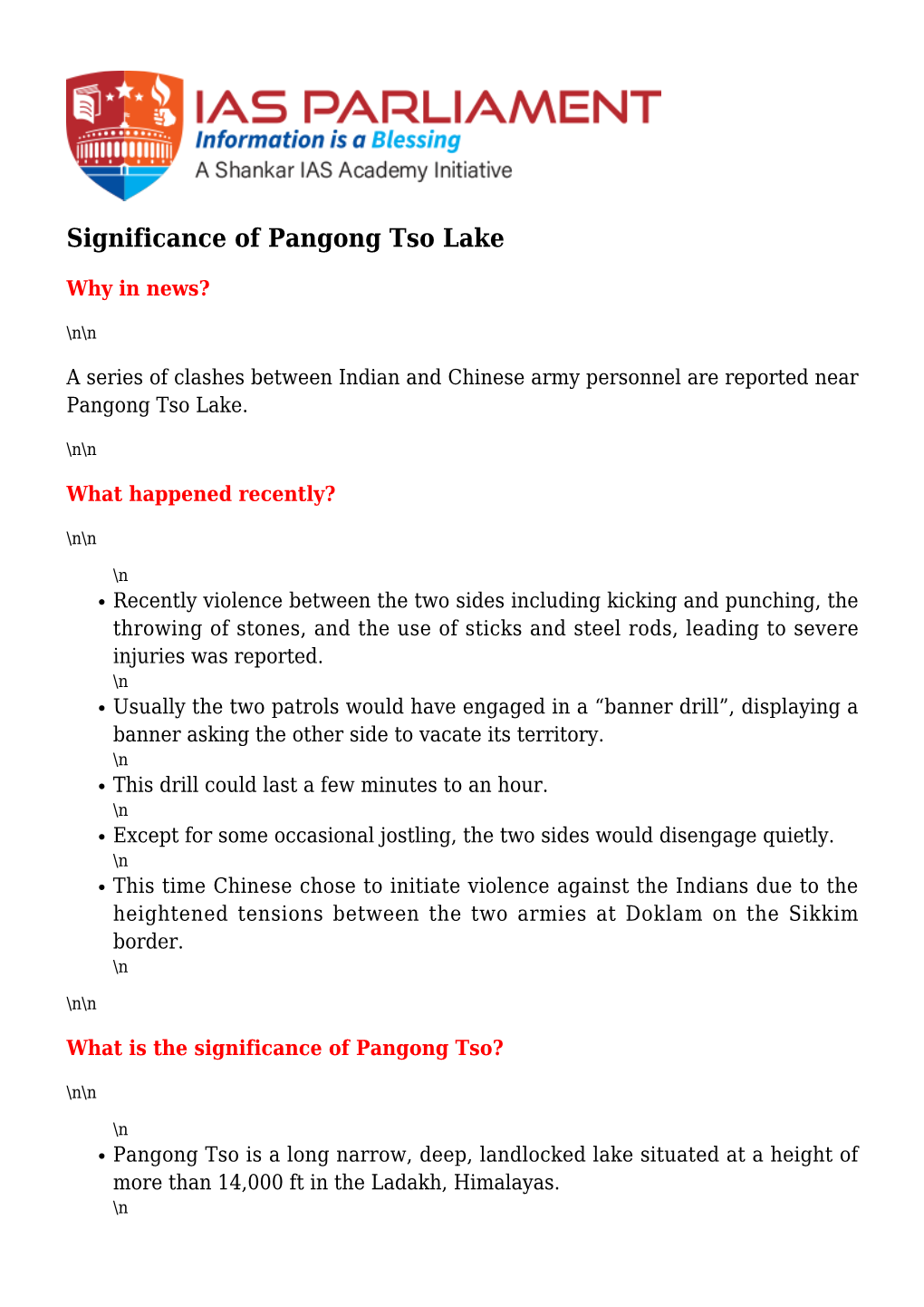 Significance of Pangong Tso Lake