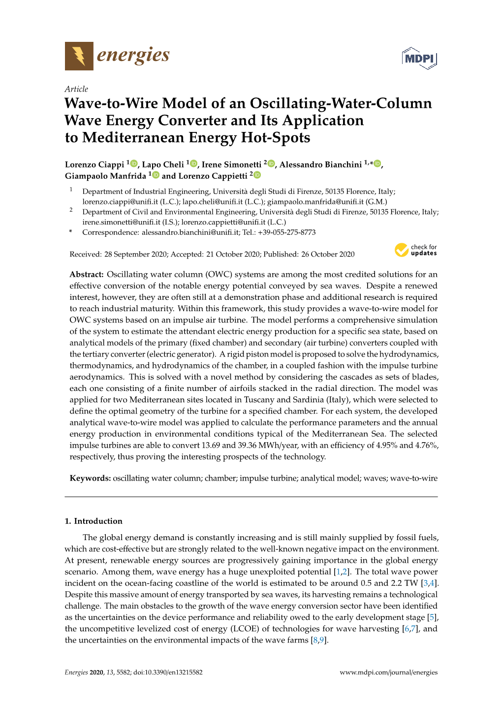 Wave-To-Wire Model of an Oscillating-Water-Column Wave Energy Converter and Its Application to Mediterranean Energy Hot-Spots