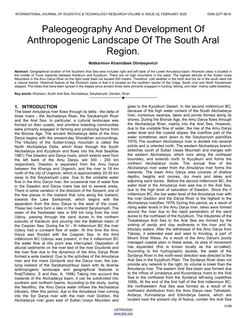 Paleogeography and Development of Anthropogenic Landscape of the South Aral Region