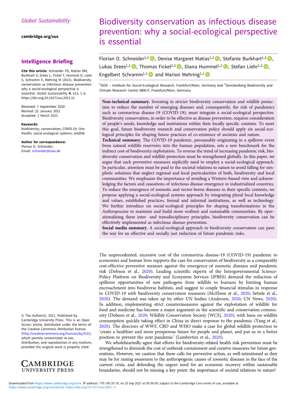 Biodiversity Conservation As Infectious Disease Prevention: Why a Social-Ecological Perspective Cambridge.Org/Sus Is Essential