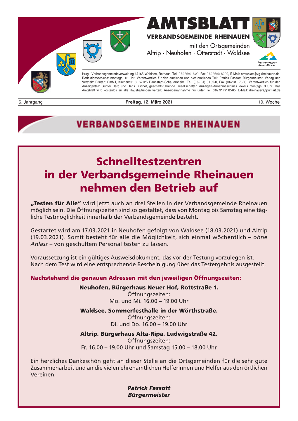 Amtsblatt Verbandsgemeinde Rheinauen Mit Den Ortsgemeinden Wir Unterstützen Die Altrip · Neuhofen · Otterstadt · Waldsee