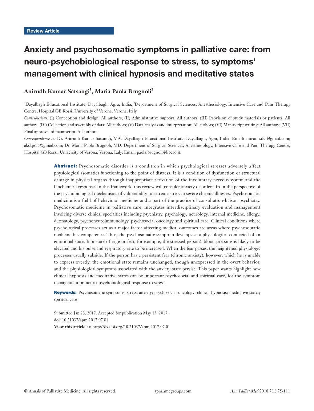 Anxiety and Psychosomatic Symptoms in Palliative Care: from Neuro-Psychobiological Response to Stress, to Symptoms' Management
