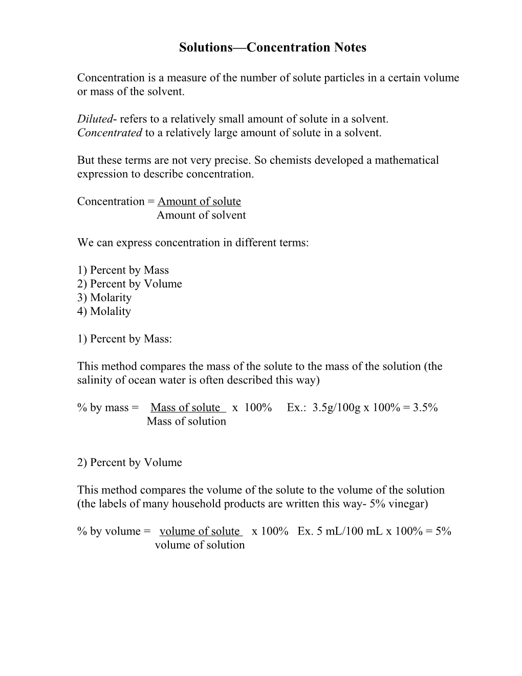 Solutions Concentration Notes