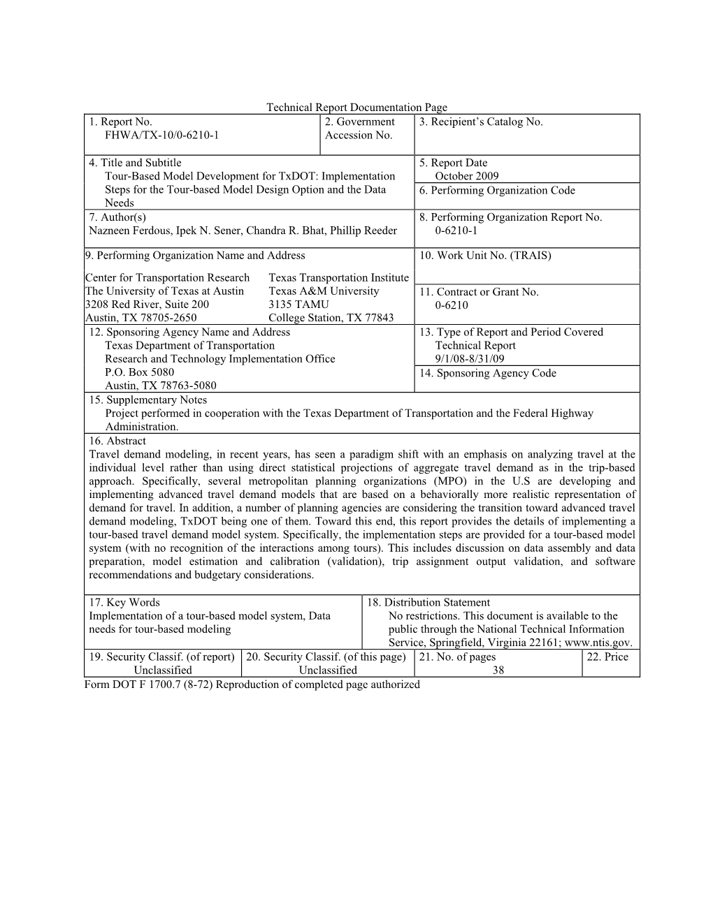 Tour-Based Model Development for Txdot: Implementation October 2009 Steps for the Tour-Based Model Design Option and the Data 6