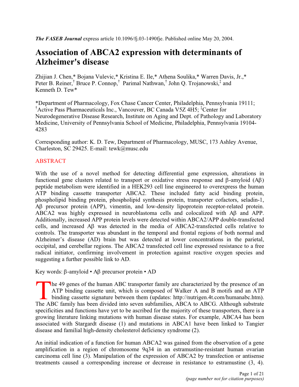 Association of ABCA2 Expression with Determinants of Alzheimer's Disease