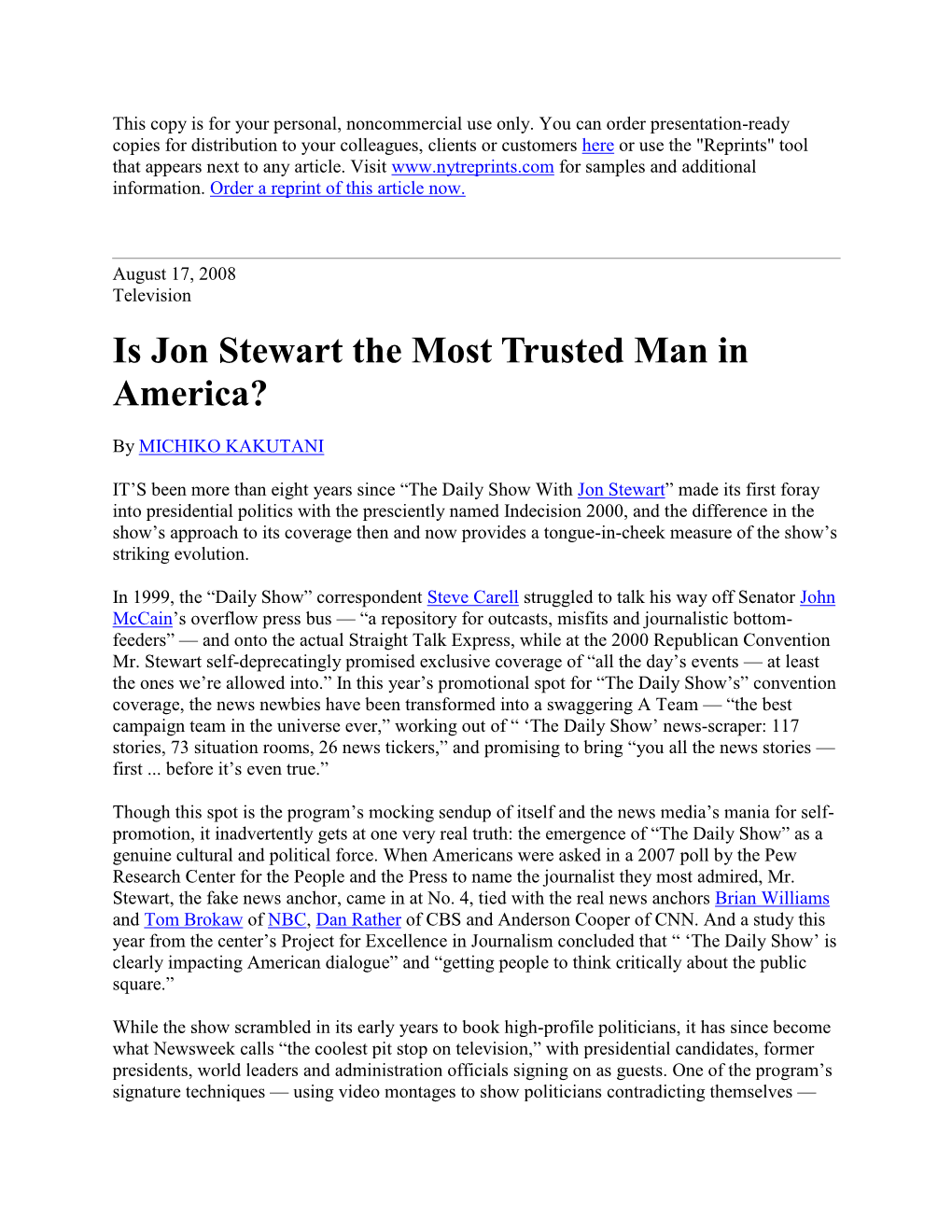 Is Jon Stewart the Most Trusted Man in America?