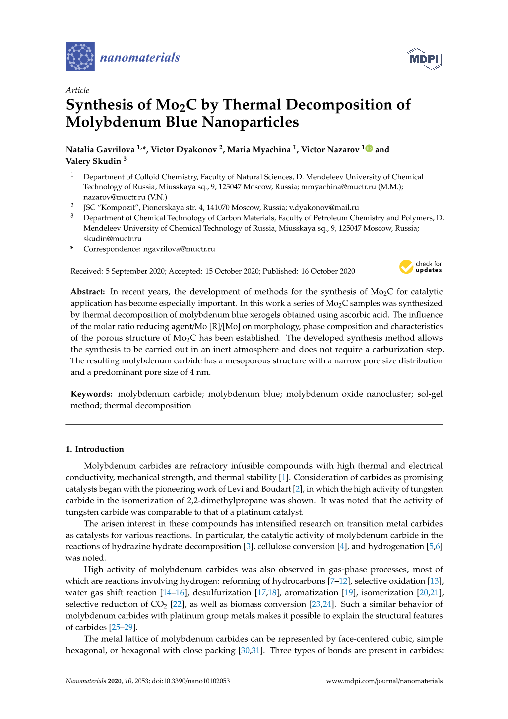 Synthesis of Mo2c by Thermal Decomposition of Molybdenum Blue Nanoparticles