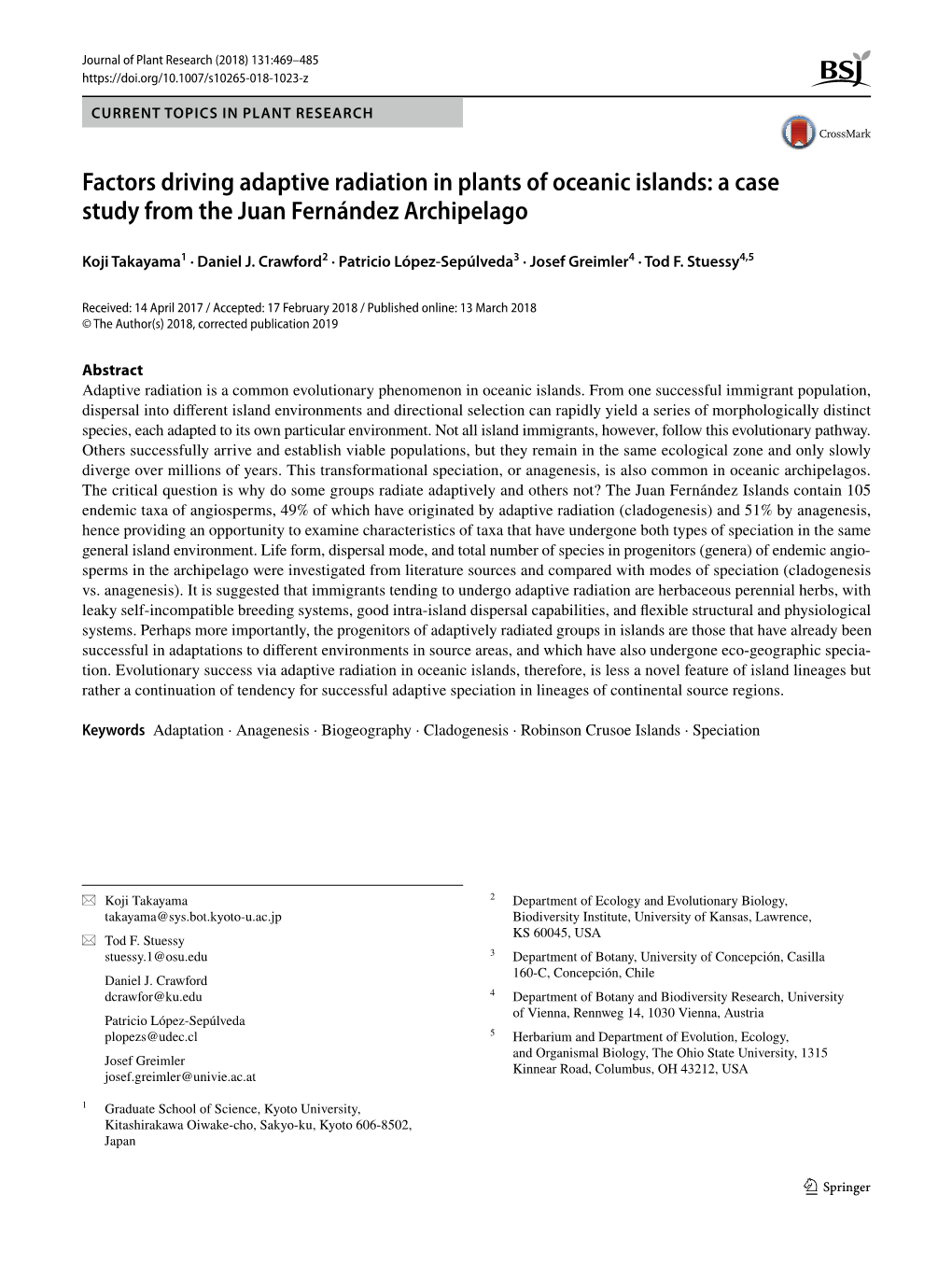 Factors Driving Adaptive Radiation in Plants of Oceanic Islands: a Case Study from the Juan Fernández Archipelago