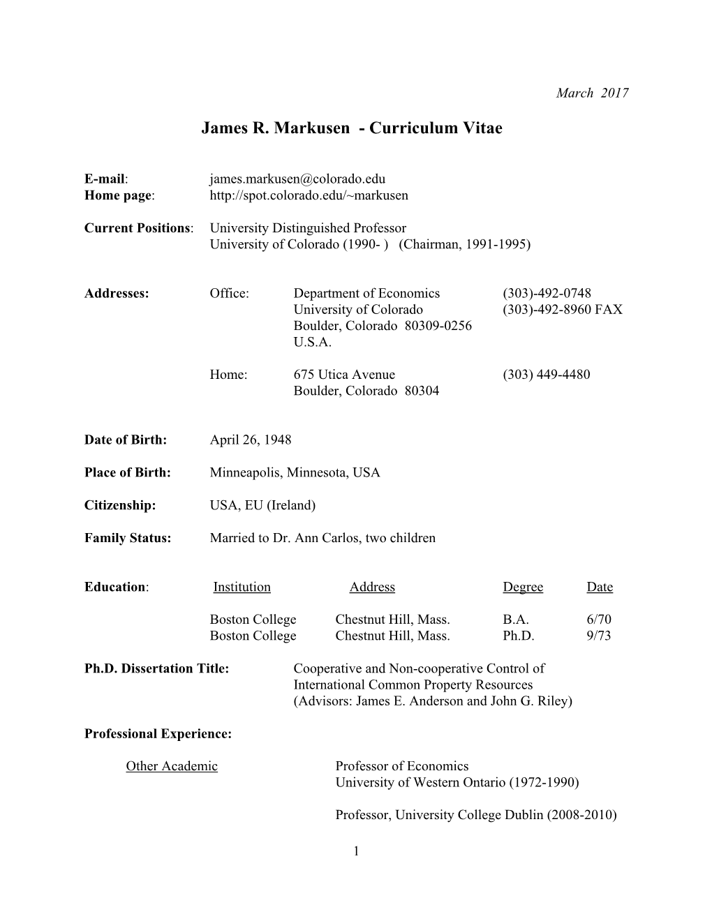 James R. Markusen - Curriculum Vitae