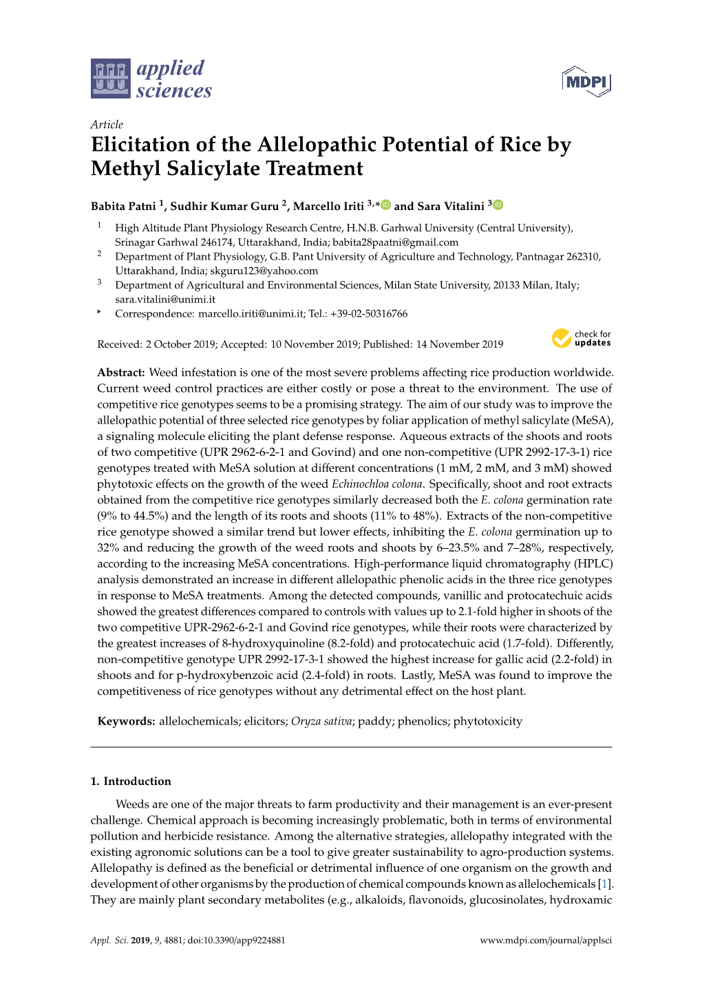 Elicitation of the Allelopathic Potential of Rice by Methyl Salicylate Treatment