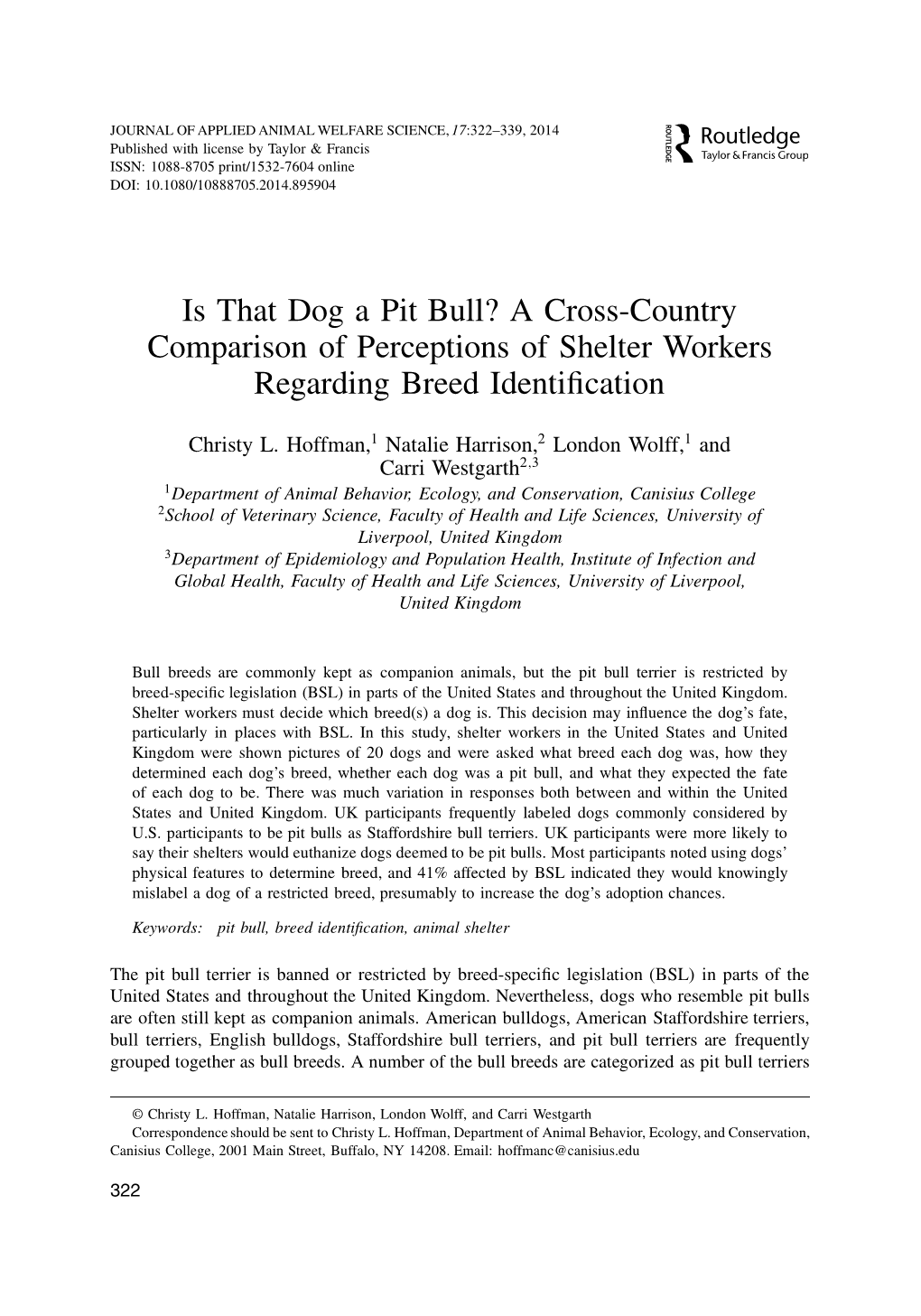 Is That Dog a Pit Bull? a Cross-Country Comparison of Perceptions of Shelter Workers Regarding Breed Identiﬁcation