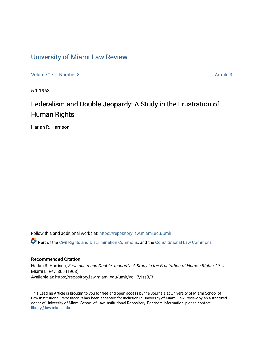 Federalism and Double Jeopardy: a Study in the Frustration of Human Rights