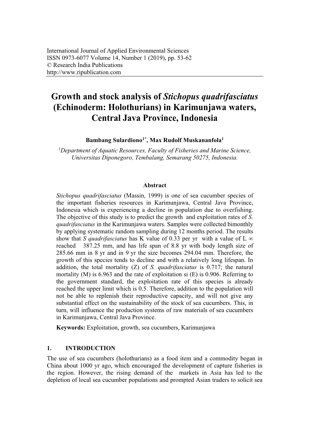 Growth and Stock Analysis of Stichopus Quadrifasciatus (Echinoderm: Holothurians) in Karimunjawa Waters, Central Java Province, Indonesia