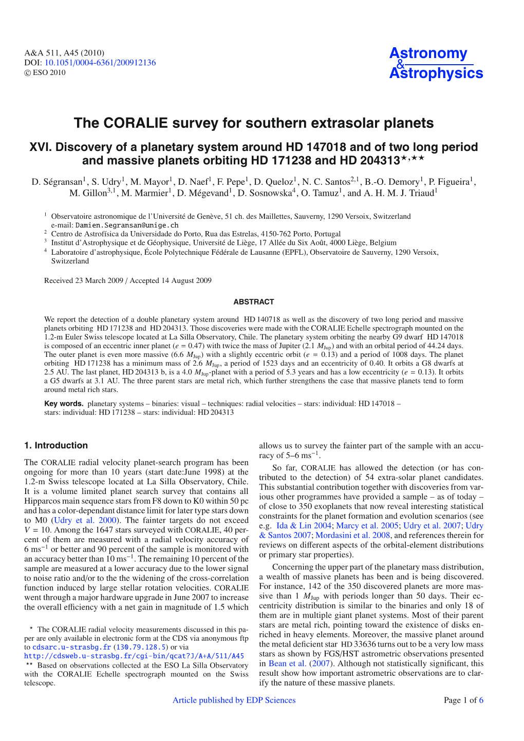 The CORALIE Survey for Southern Extrasolar Planets***