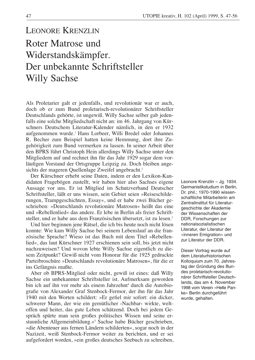 Roter Matrose Und Widerstandskämpfer. Der Unbekannte Schriftsteller Willy Sachse