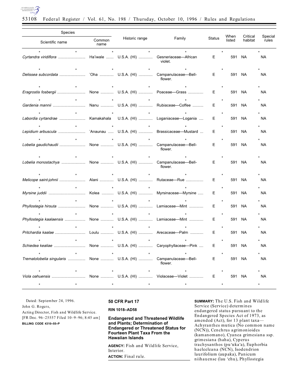 53108 Federal Register / Vol. 61, No. 198 / Thursday, October 10, 1996 / Rules and Regulations