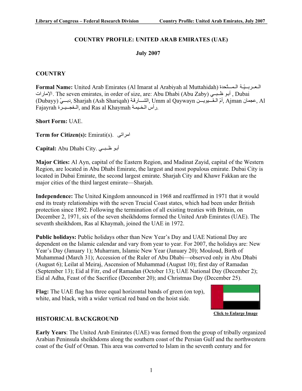 Country Profile: United Arab Emirates (Uae)