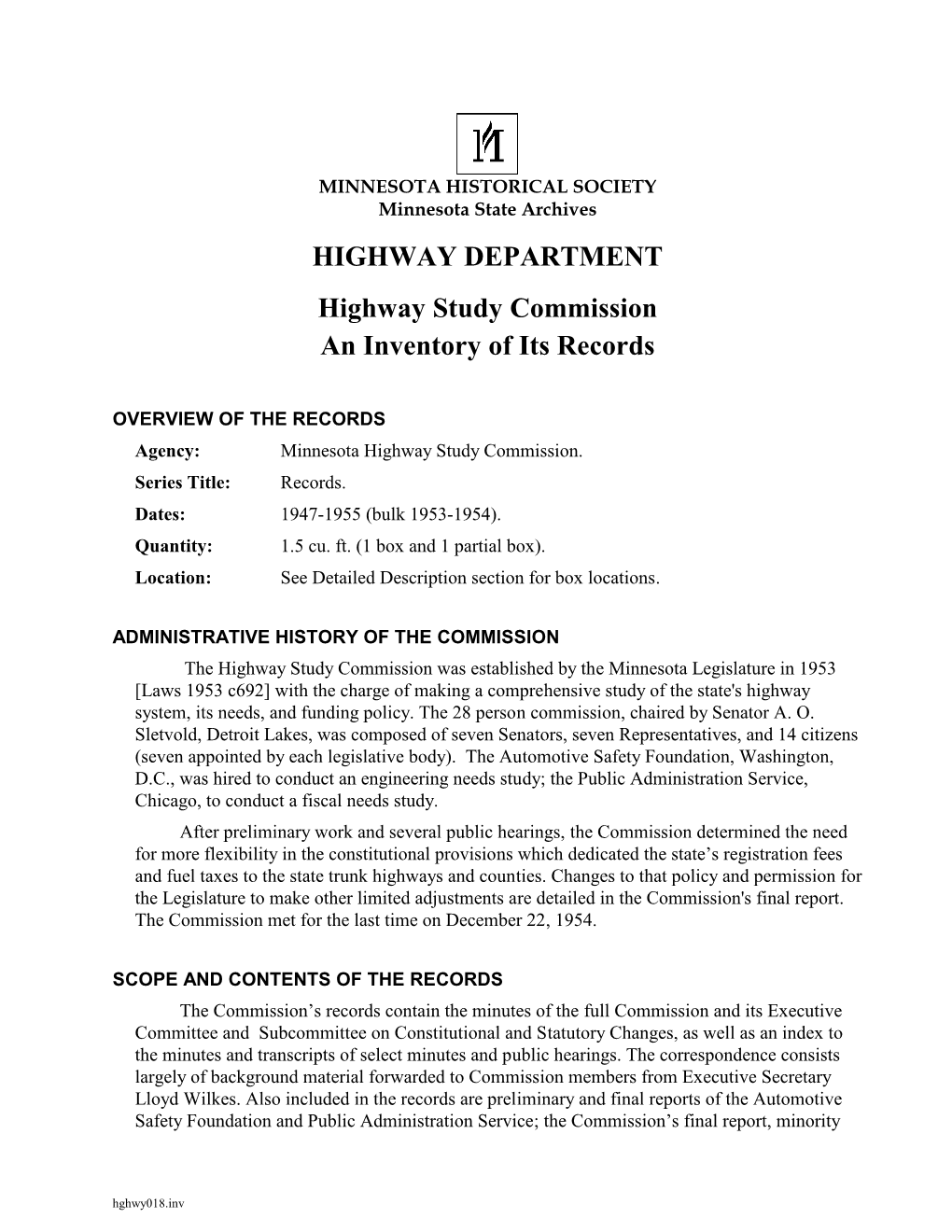 HIGHWAY DEPARTMENT Highway Study Commission an Inventory of Its Records