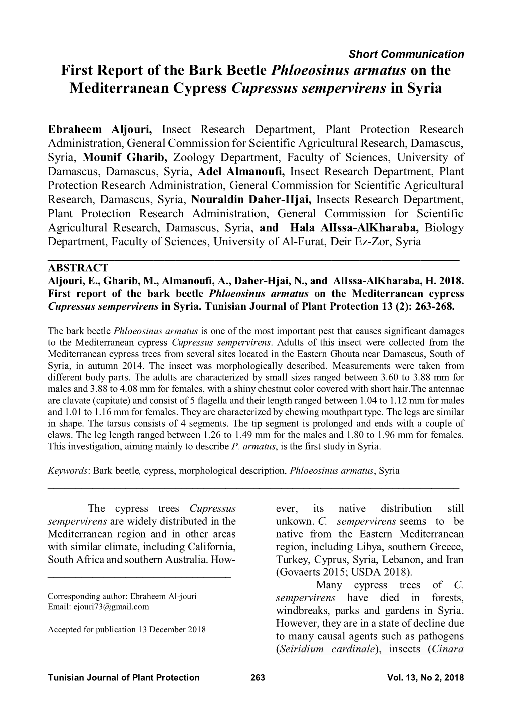 First Report of the Bark Beetle Phloeosinus Armatus on the Mediterranean Cypress Cupressus Sempervirens in Syria