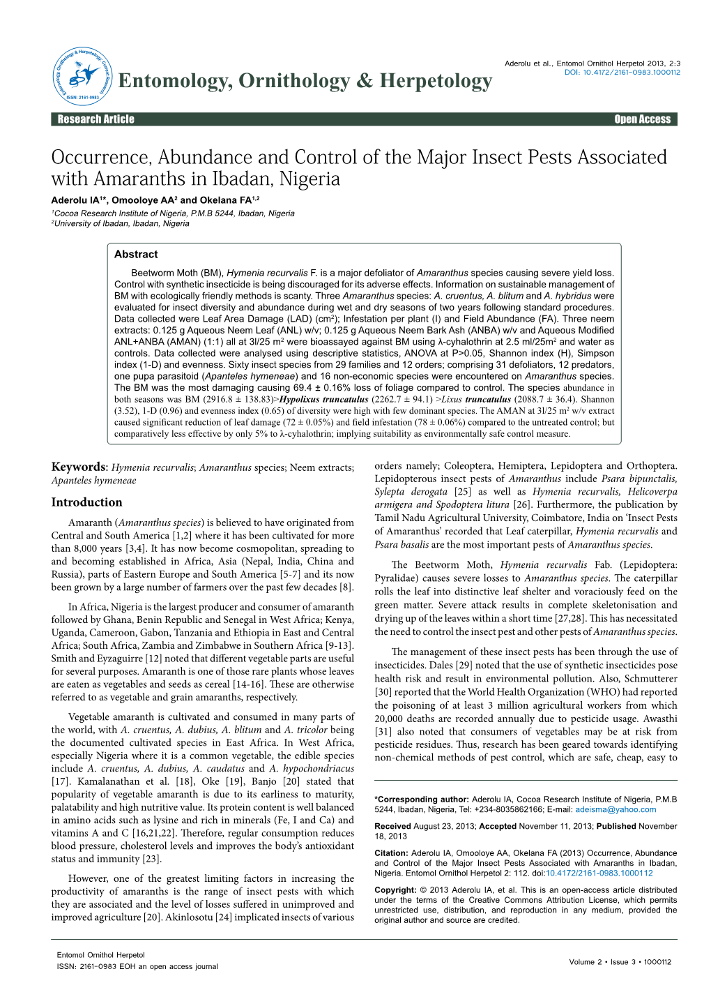 Occurrence, Abundance and Control of the Major Insect Pests Associated