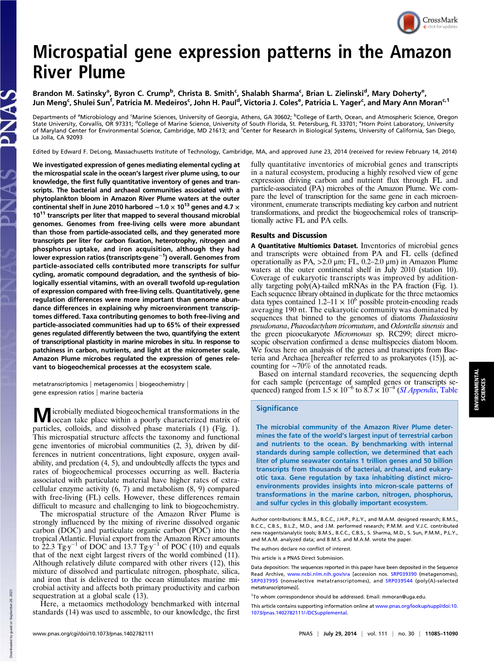 Microspatial Gene Expression Patterns in the Amazon River Plume